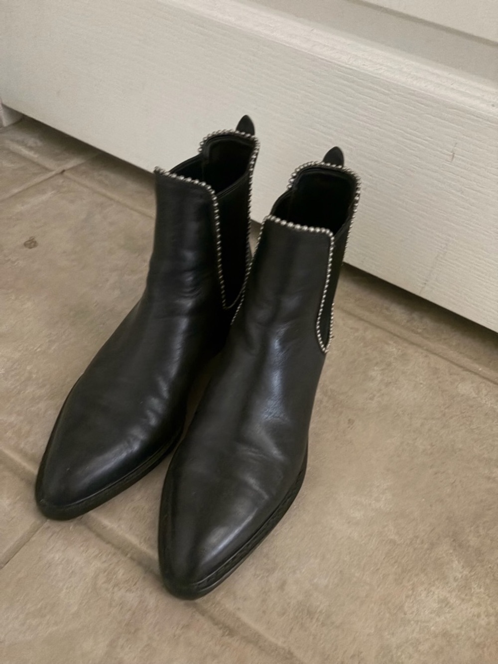 Coach Black Leather Pointed Toe Ankle Boots with Silver Stud Trim